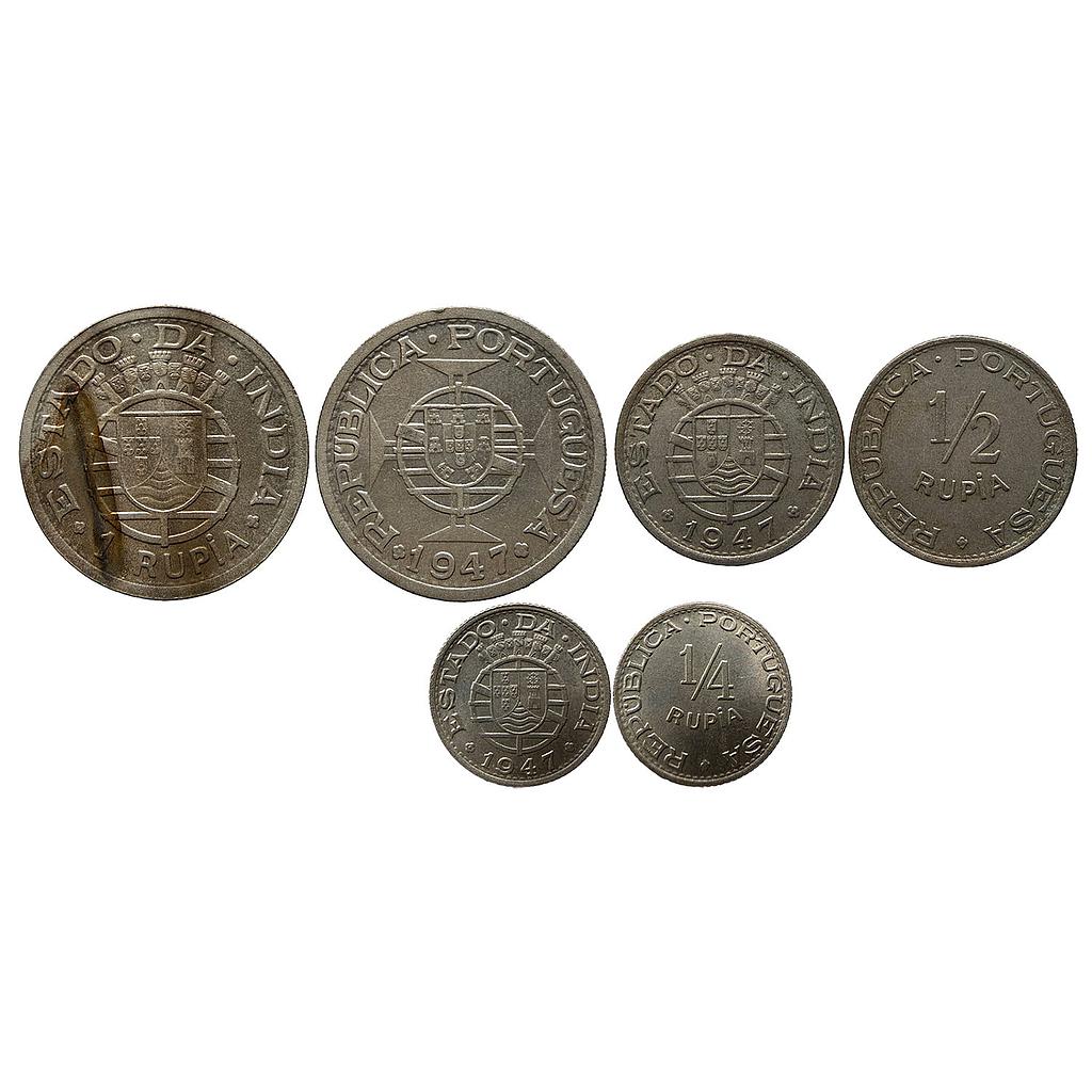 Indo Portuguese Set of 3 Coins Silver (.500) Rupia Copper-nickel 1/2 Rupia &amp; 1/4 Rupia