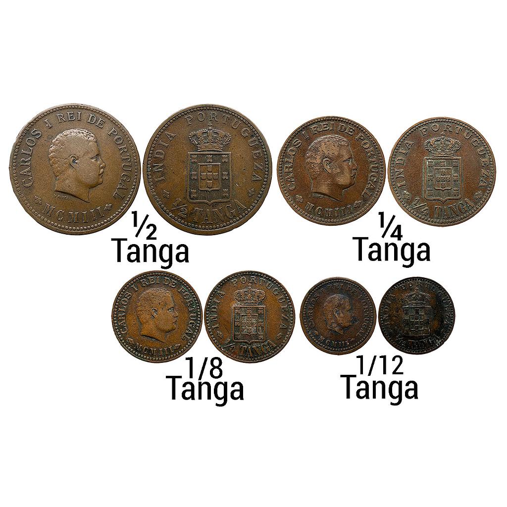 Indo Portuguese Carlos I Set of 4 Coins Copper 1/2 Tanga &amp; 1/4 Tanga &amp; 1/8 Tanga &amp; 1/12 Tanga
