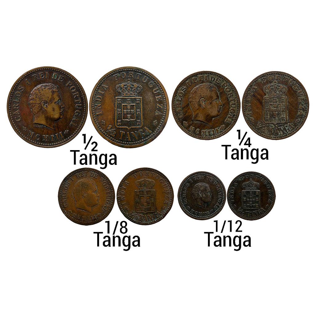 Indo Portuguese Carlos I Set of 4 Coins Copper 1/2 Tanga &amp; 1/4 Tanga &amp; 1/8 Tanga &amp; 1/12 Tanga