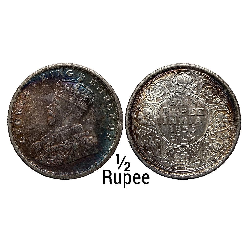 British India George V 1936 AD Calcutta Mint Silver 1/2 Rupee