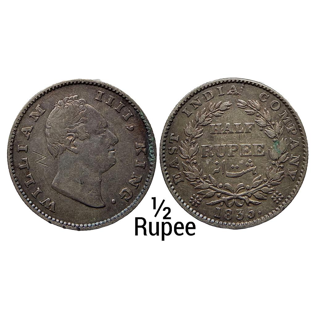 EIC William IV 1835 AD Bombay Mint No initials 20 Berries 10L+10R Silver 1/2 Rupee