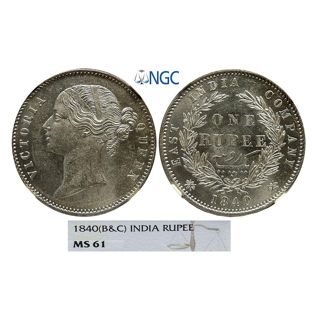EIC Victoria Queen 1840 AD B&amp;C Divided Legend 28 Berry Silver Rupee