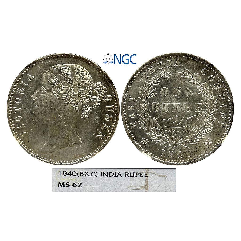 EIC Victoria Queen 1840 AD B&amp;C Divided Legend 28 Berry Silver Rupee