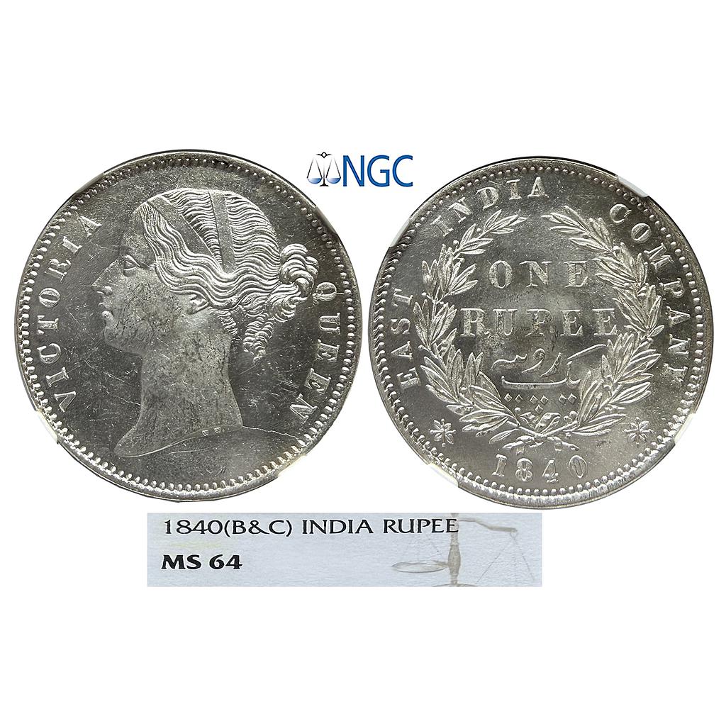 EIC Victoria Queen 1840 AD Divided Legend 28 Berry Silver Rupee