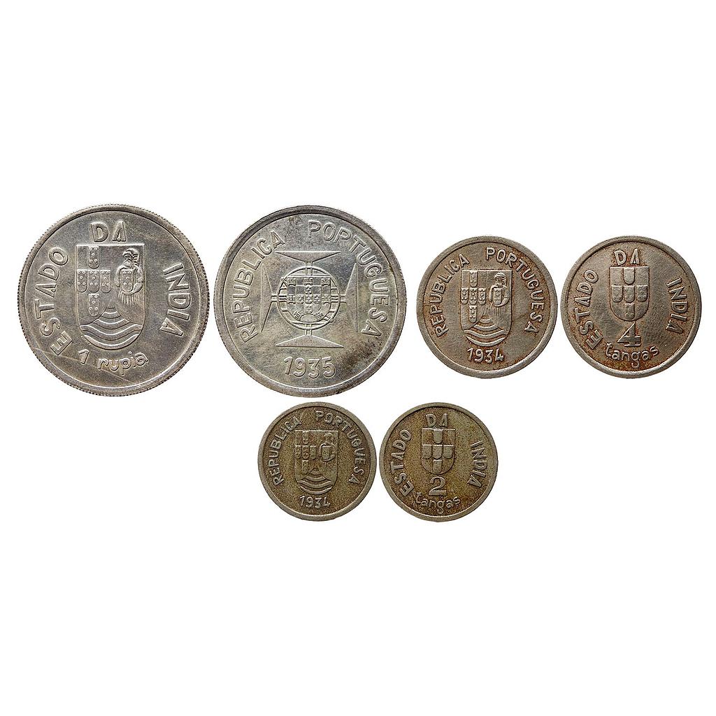 Indo Portuguese Set of 3 Coins Silver (.917) Rupia Copper-Nickel 4 Tangas &amp; Copper-Nickel 2 Tangas