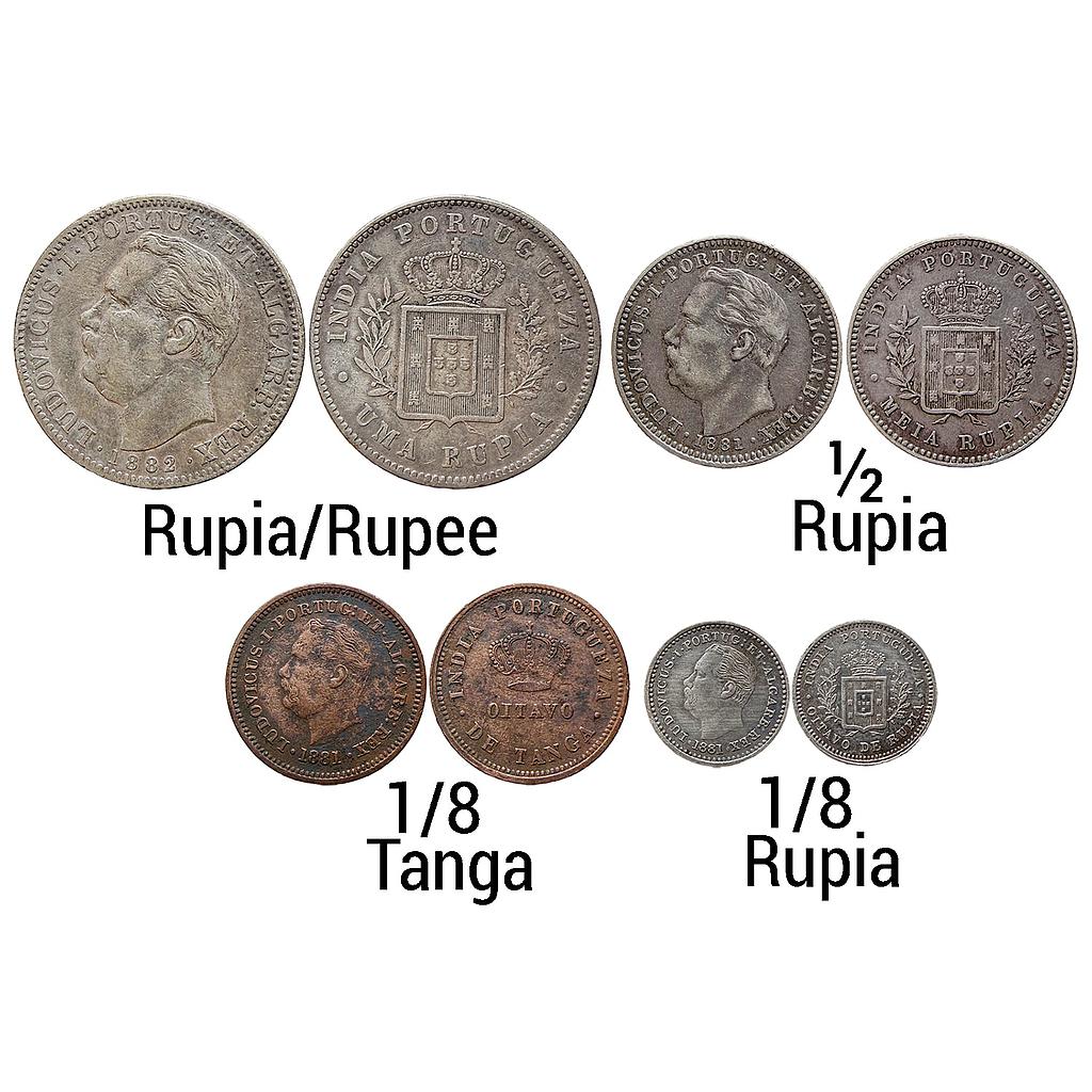 Indo Portuguese Goa Luis I Ludwig Set of 4 Silver (.917) Uma Rupia/Rupee Silver (.917) 1/2 Rupia Copper 1/8 Tanga Silver (.917) 1/8 Rupia