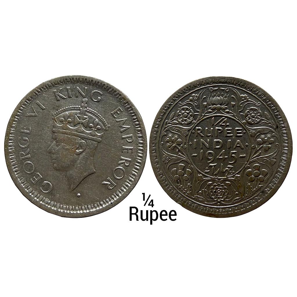 British India George VI 1945 AD Bombay Mint dot Large and Open 5 Half Silver 1/4 Rupee