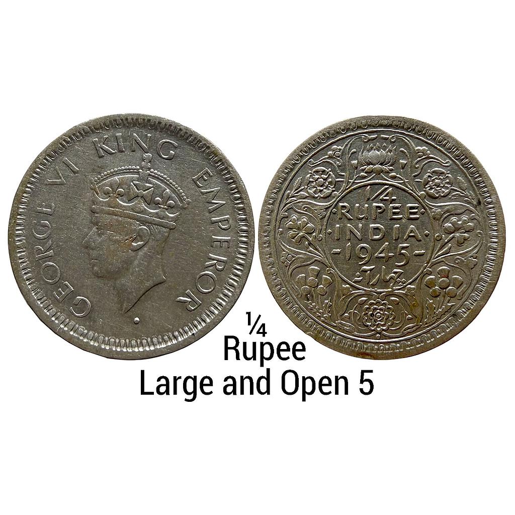 British India George VI 1945 AD Bombay Mint dot Large and Open 5 Half Silver 1/4 Rupee