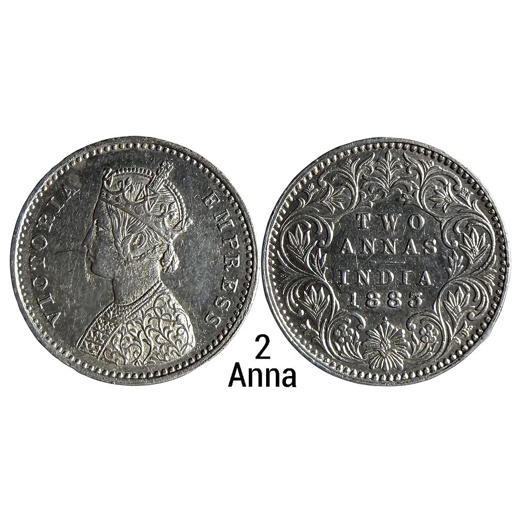 British India Victoria Empress 1883 AD Bombay Mint Obv A Rev I dot Silver 2 Annas