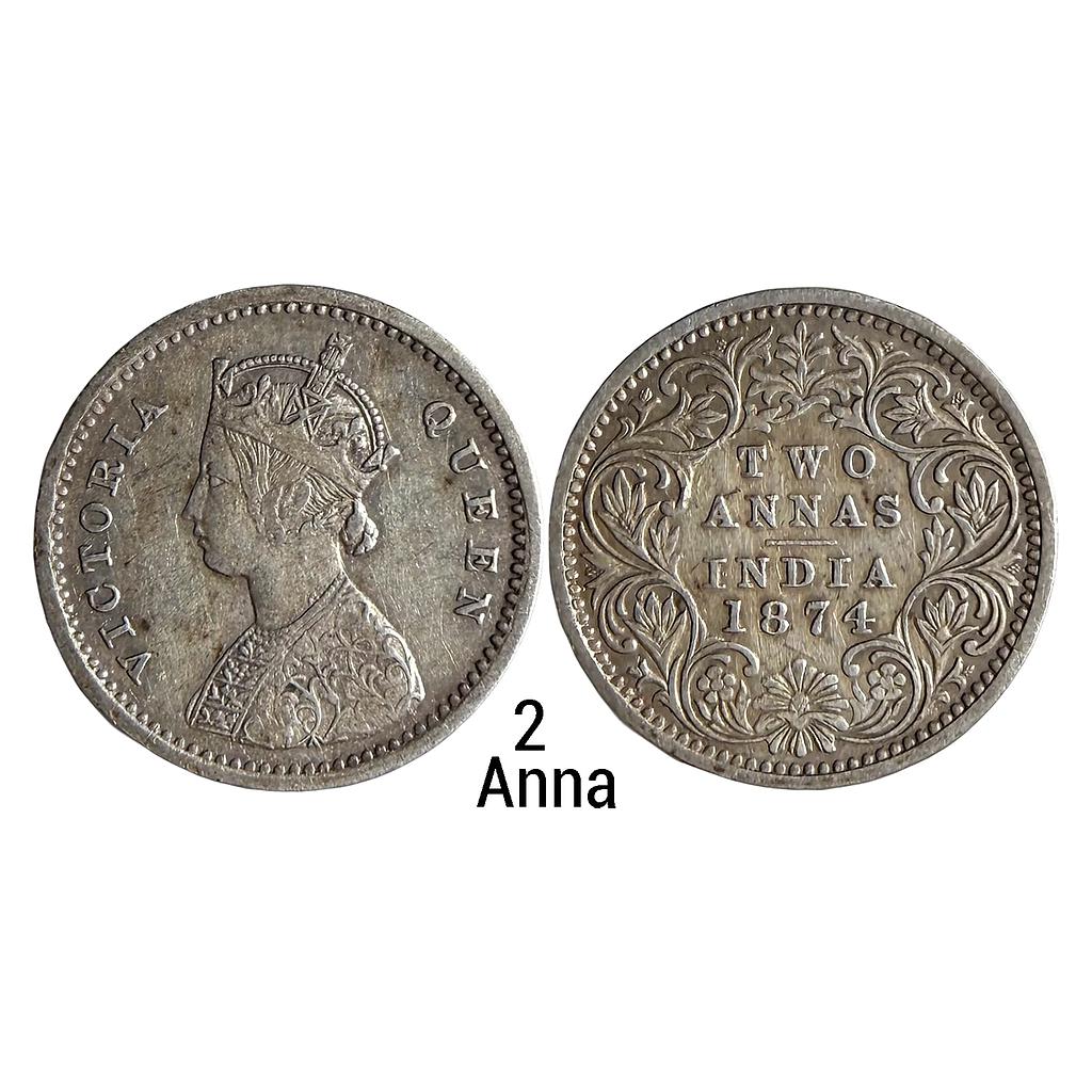 British India Victoria Queen 1874 AD Bombay Mint Obv A Rev I No mint mark Silver 2 Annas