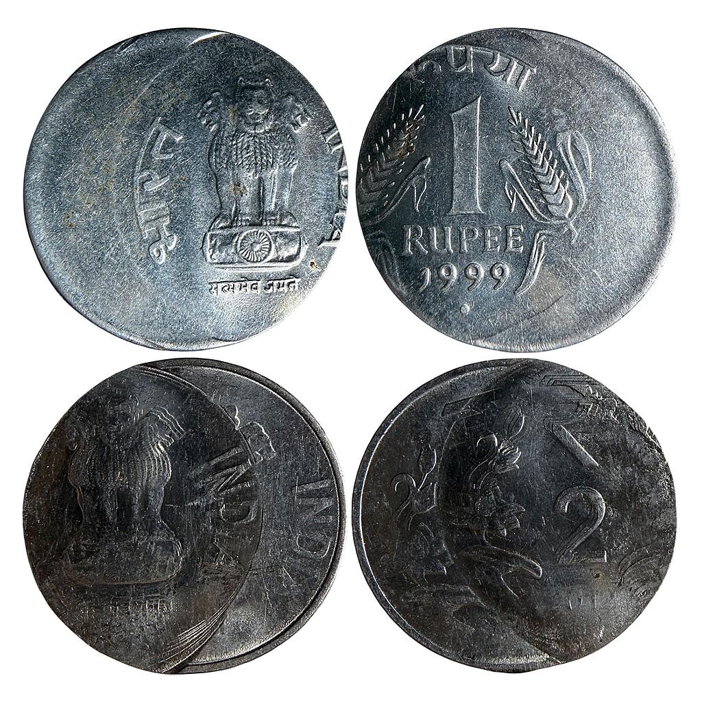 Republic India Set of 2 Coins Side Shifting Error Double Side Error Noida Mint 1999 AD Error Side Diversion Stainless Steel 2 Rupees 1 Rupee