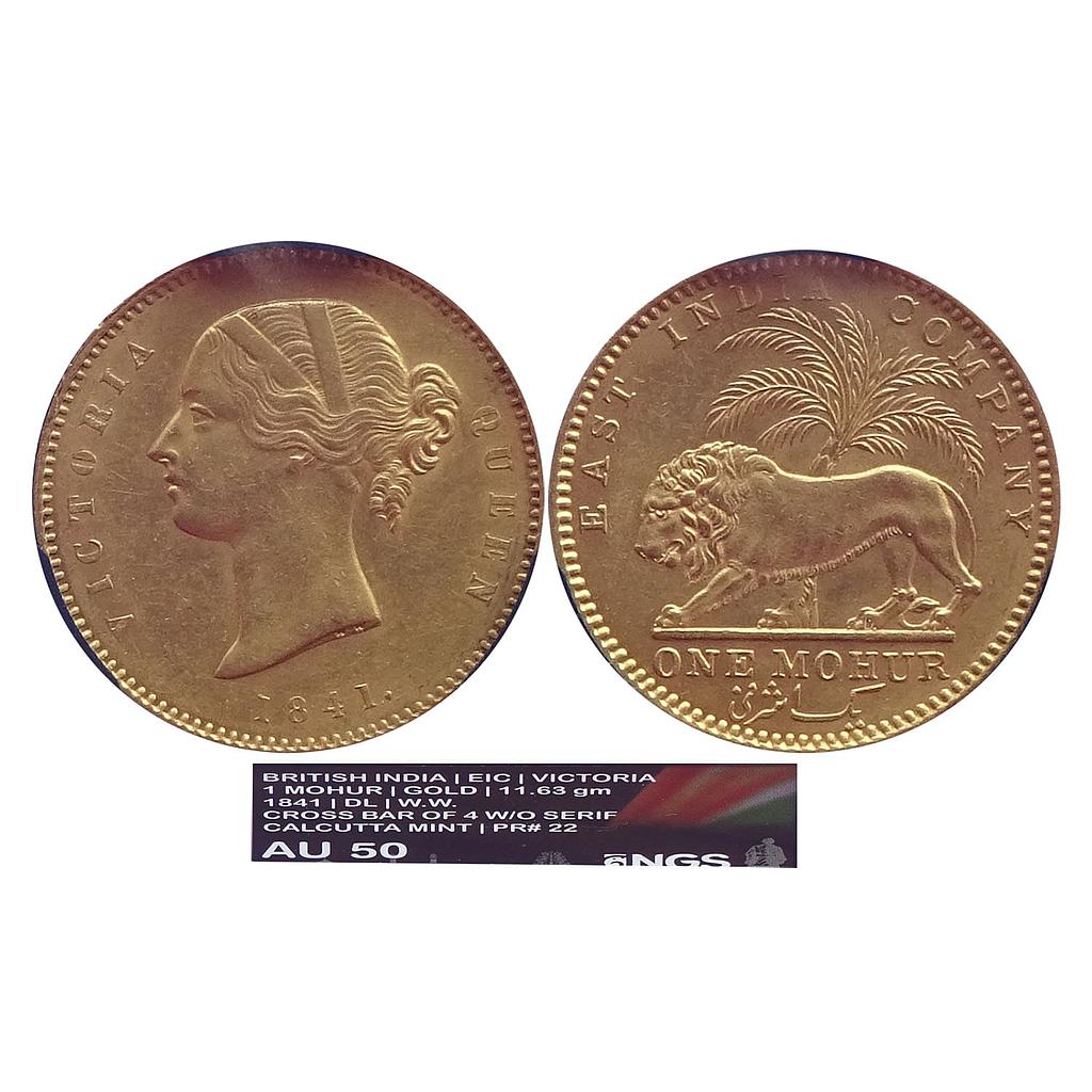EIC Victoria Queen 1841 AD Calcutta Mint type II Small Legend Variety Divided legend WW incused on truncation cross bar of numeral 4 in date without serif Gold Mohur