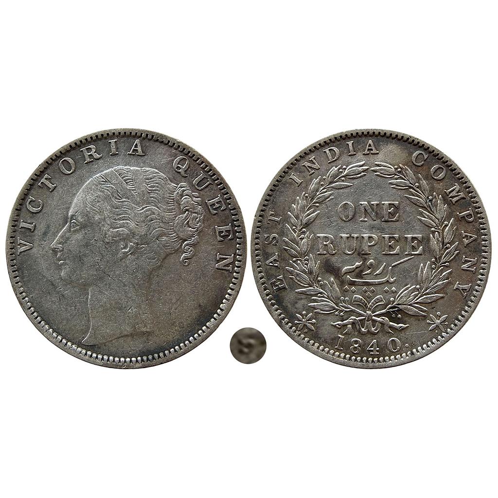 EIC Victoria Queen 1840 AD Madras Mint S incuse and No V M raised on left ribbon 35 Berries Silver Rupee