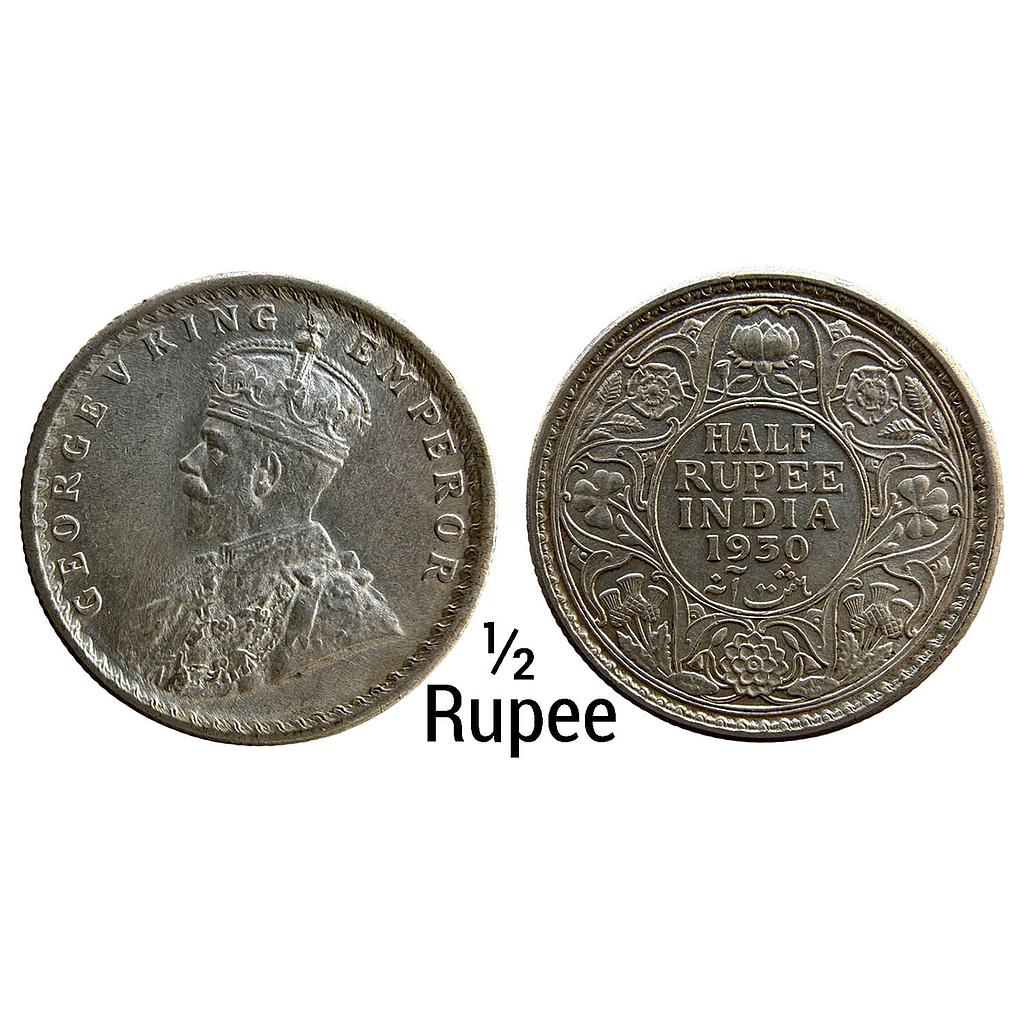 British India George V 1930 AD Calcutta Mint No dot Elephant F Silver 1/2 Rupee