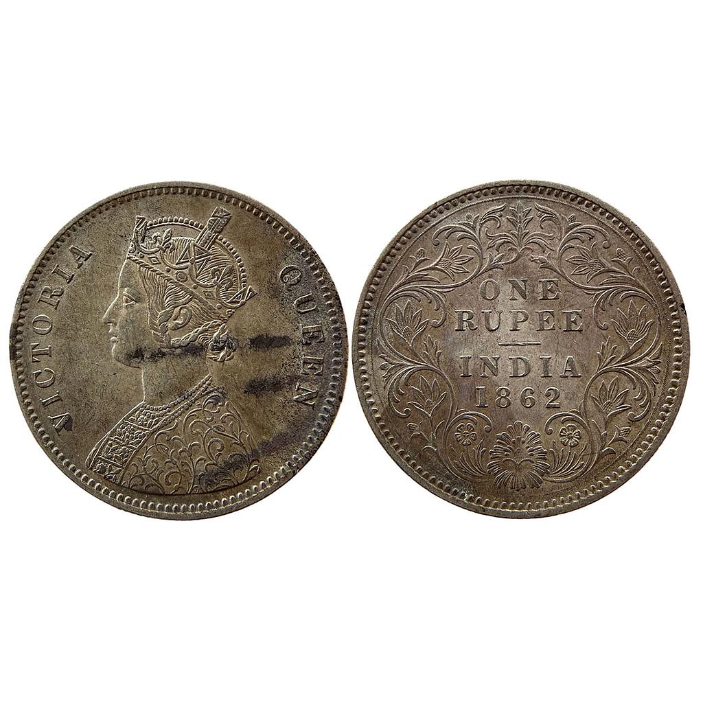 British India Victoria Queen Calcutta Mint 1862 AD Obv B Rev III Silver Rupee