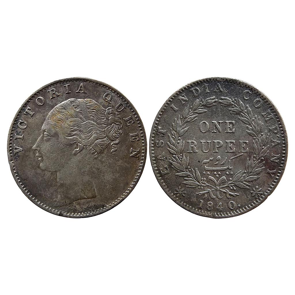EIC Victoria Queen 1840 AD Calcutta Mint continuous legend Indian Head 34 Berries missing tiny berry opposite O of ONE in the Silver Rupee