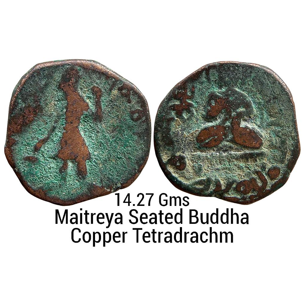Ancient Kushanas Kanishka I Seated Maitreya Buddha Copper Tetradrachm