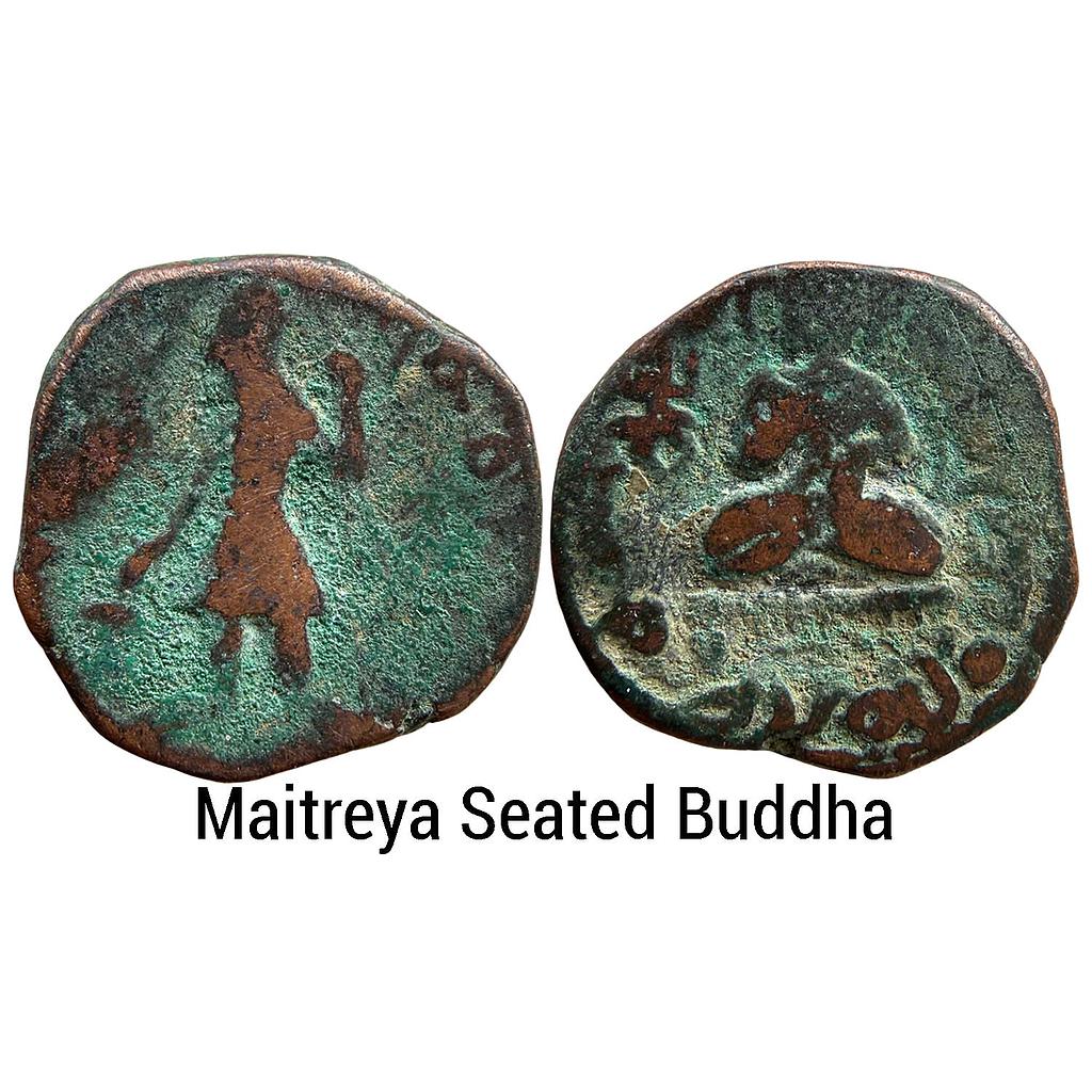 Ancient Kushanas Kanishka I Seated Maitreya Buddha Copper Tetradrachm