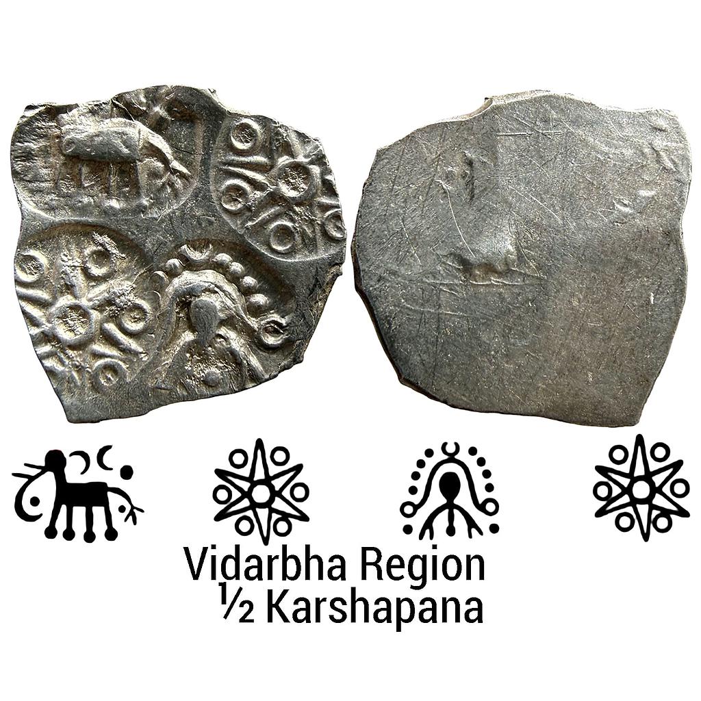 Ancient Punch Marked Coinage Northern Vidarbha Melghat Region Makhala Hoard type Silver 1/2 Karshapana