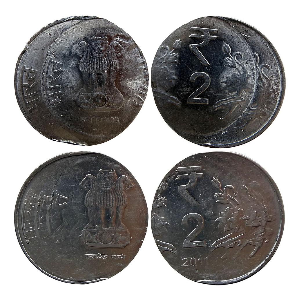 Republic India Set of 2 Coins Side Shifting Error Double Side Error 2011 AD Stainless Steel 2 Rupees