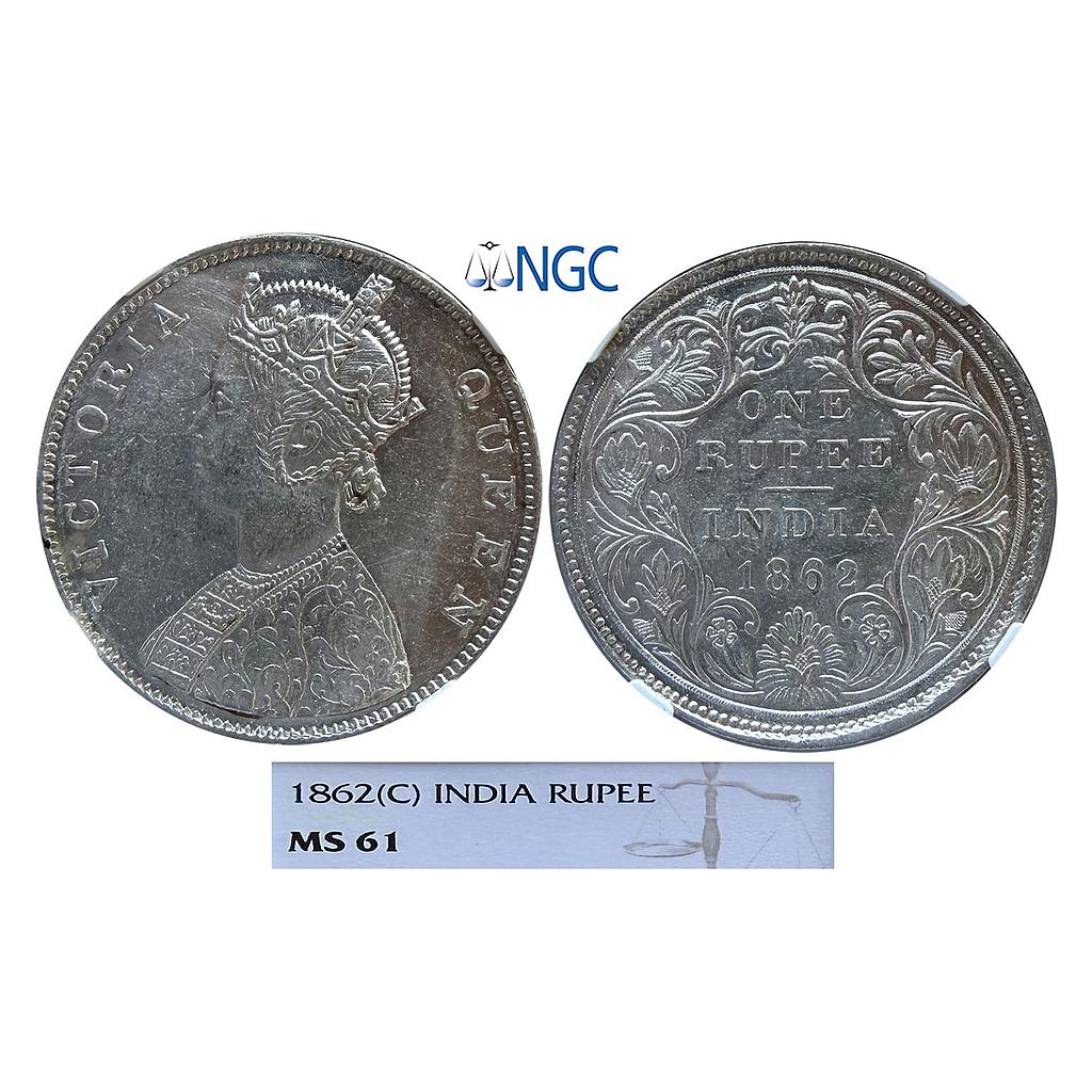 British India Victoria Queen 1862 AD Calcutta Mint Silver Rupee