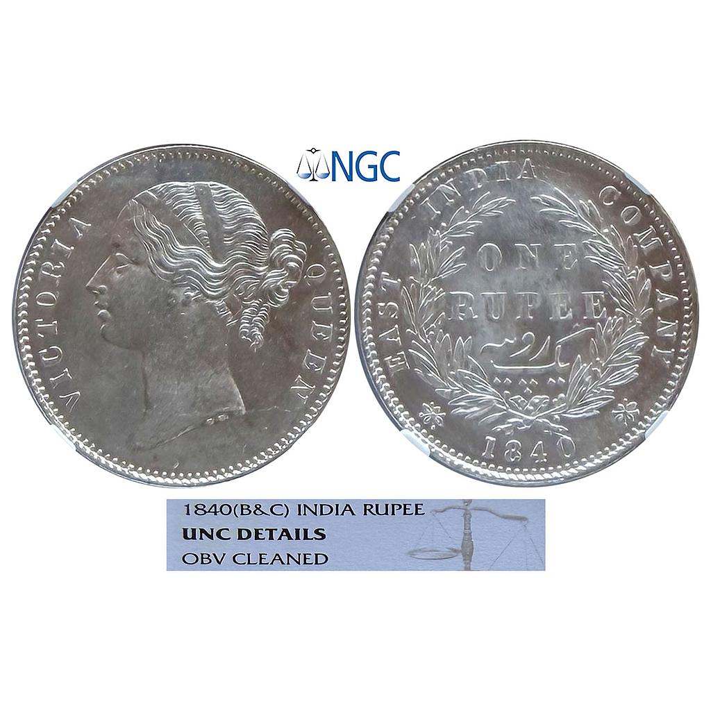 EIC Victoria Queen 1840 AD B&amp;C Divided Legend 28 Berry Silver Rupee