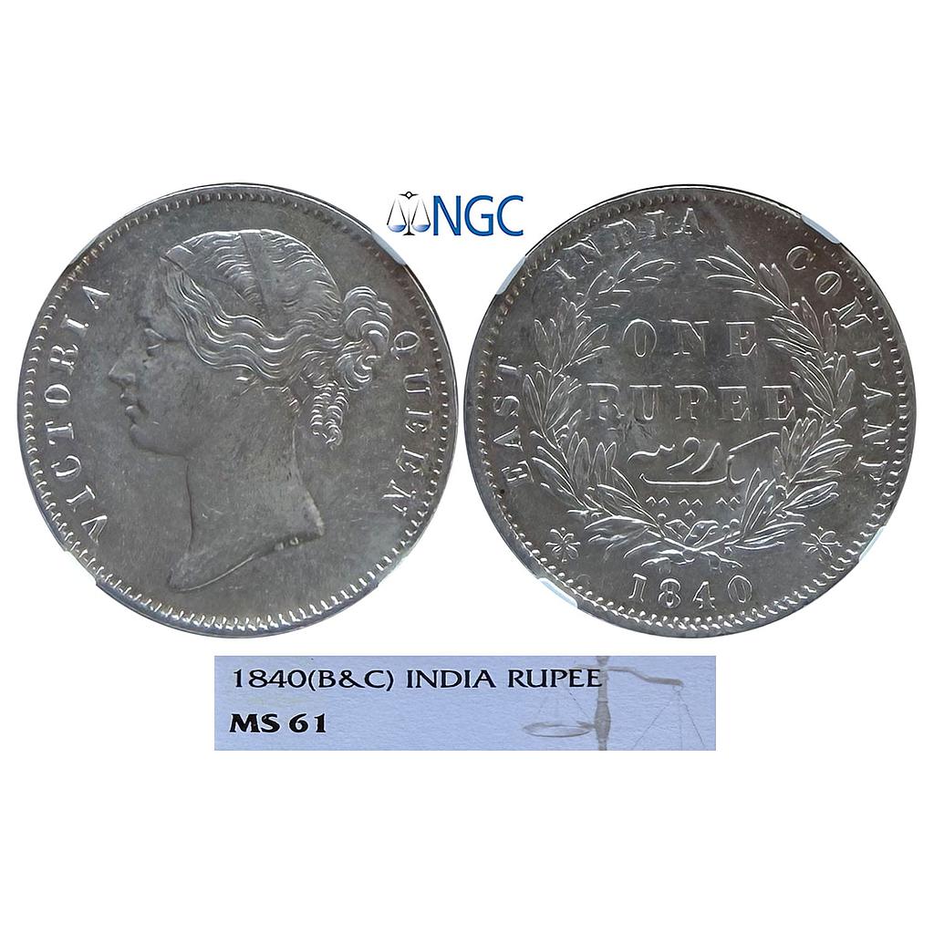 EIC Victoria Queen 1840 AD B&amp;C Divided Legend 28 Berry Silver Rupee