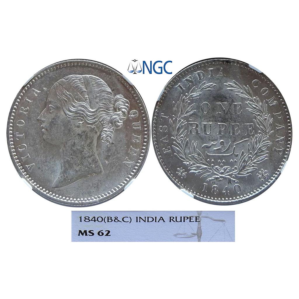EIC Victoria Queen 1840 AD B&amp;C Divided Legend 28 Berry Silver Rupee
