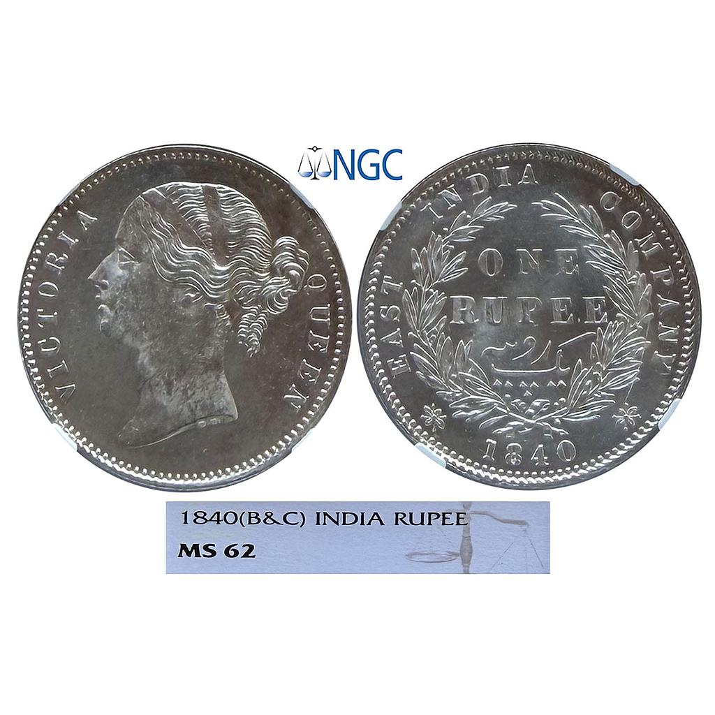 EIC Victoria Queen 1840 AD B&amp;C Divided Legend 28 Berry Silver Rupee