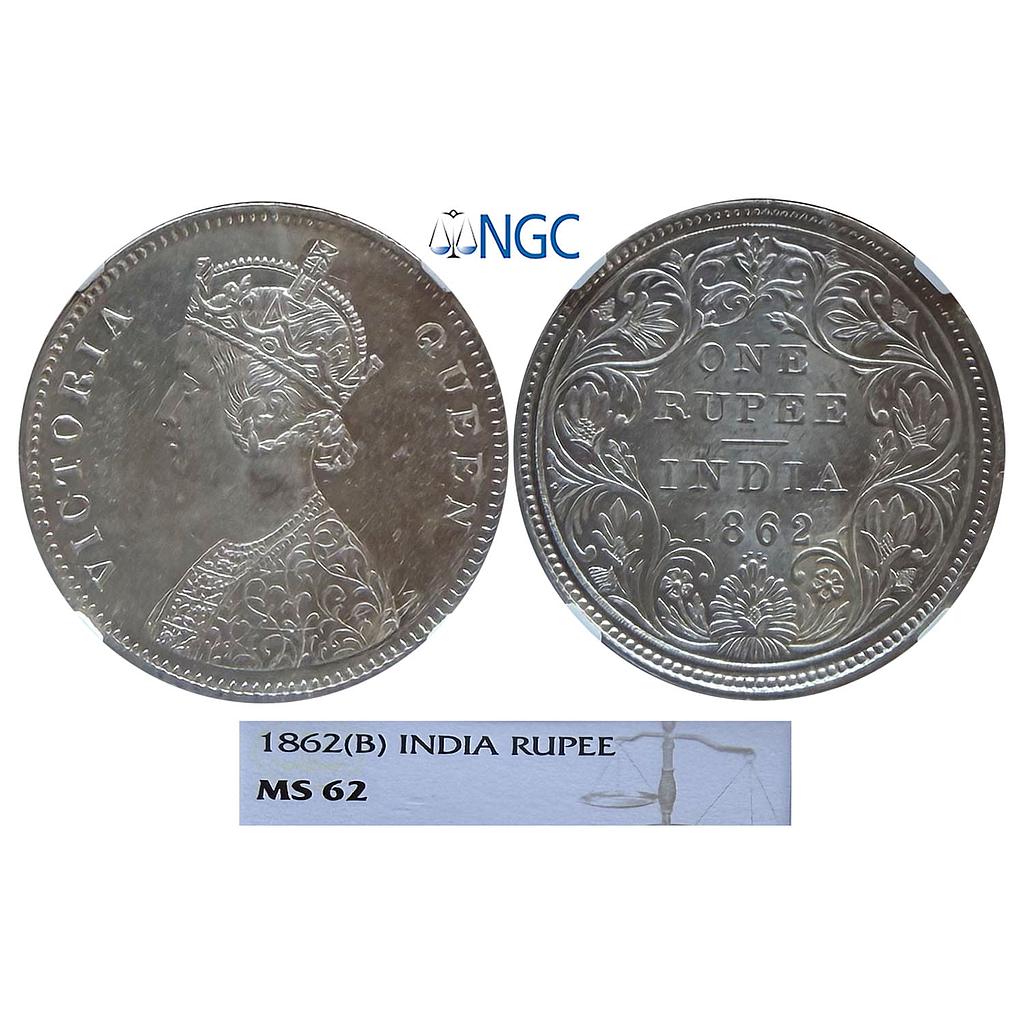 British India Victoria Queen 1862 AD Bombay Mint A / II / 0 / 4 Silver Rupee