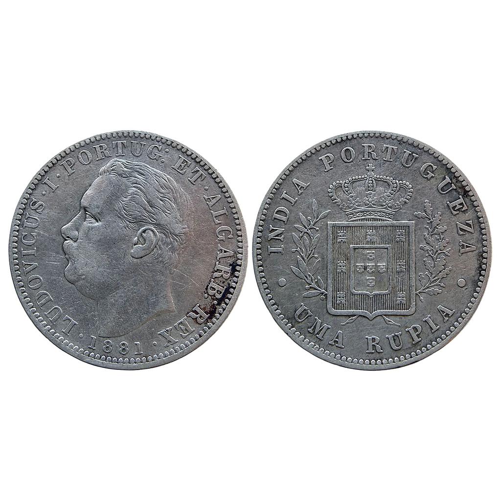 Indo Portuguese Goa Luiz I Ludwig 1881 AD Silver (.917) Uma Rupia/Rupee