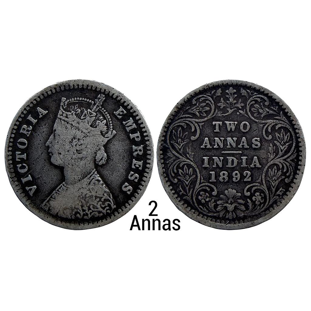 British India Victoria Empress 1892 AD Bombay Mint Silver 2 Annas