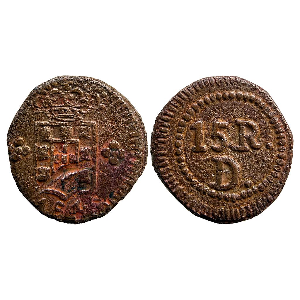 Indo Portuguese Goa Maria II 1843 AD Damao Copper 15 Reis