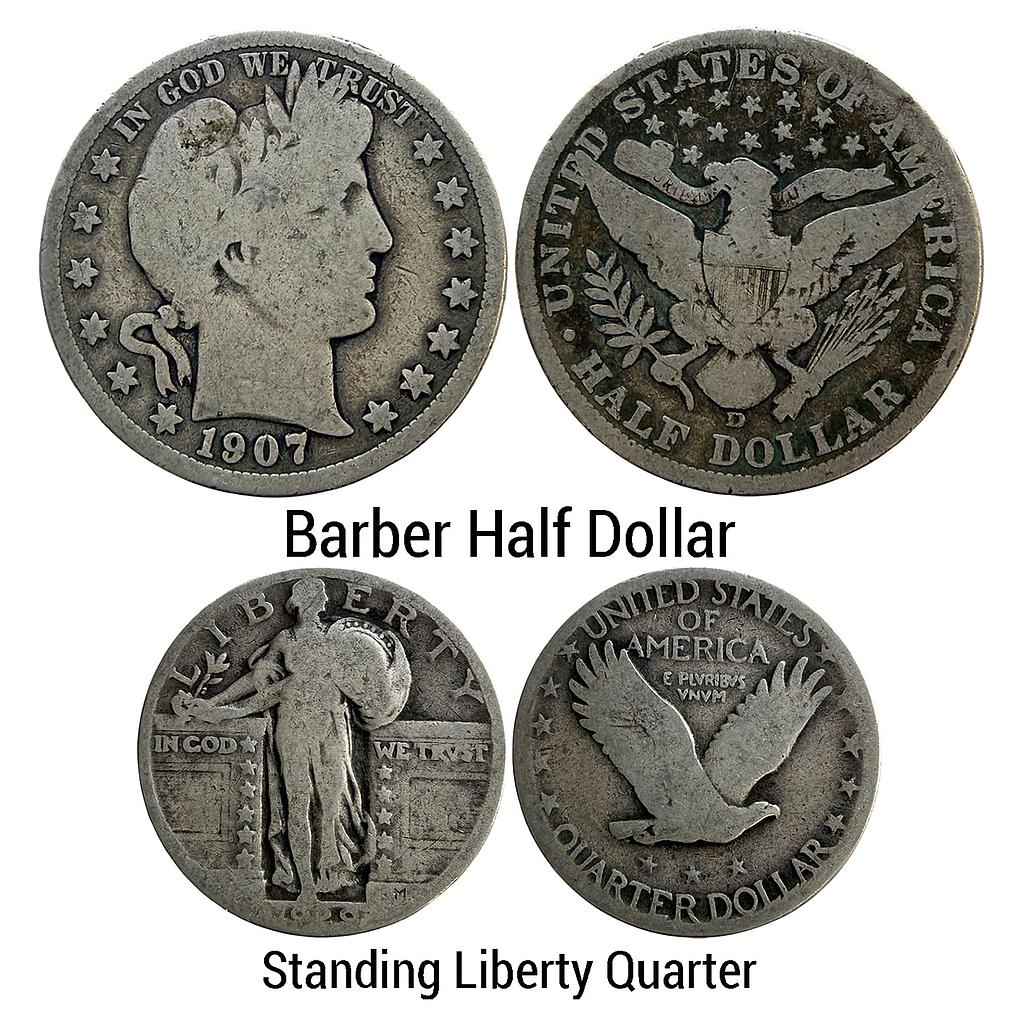 United States of America Set of 2 Coins 1907 1920 AD Denver Mint Barber Half Dollar Silver (.900) (.100 copper) 1/2 Dollar 50 Cents 1/4 Dollar = 25 Cents