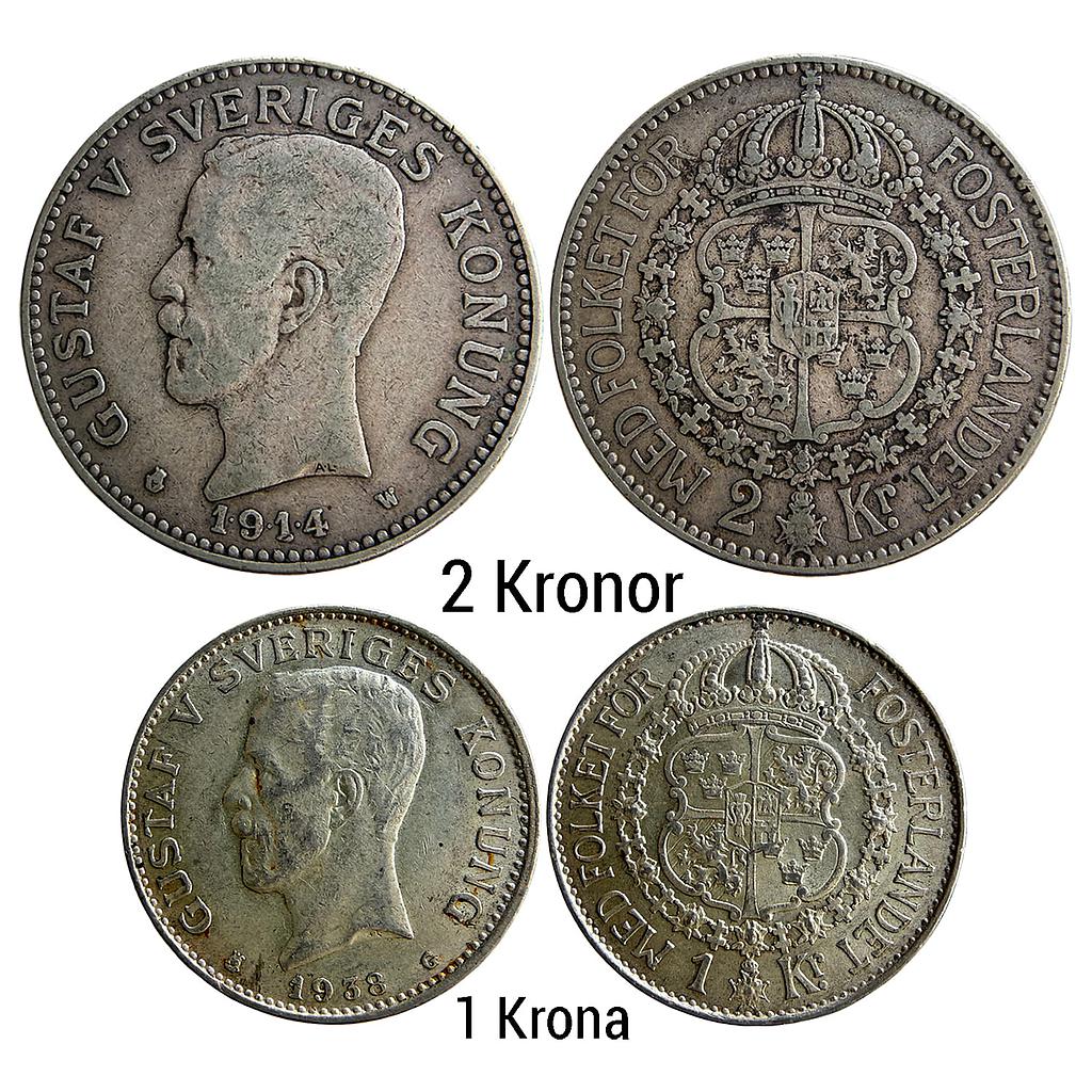 Sweden Gustaf V 1914 1938 AD Kungliga Myntet Mint Set of 2 Coins Silver (.800) 2 Kronor (2 SEK) 1 Krona (1 SEK)