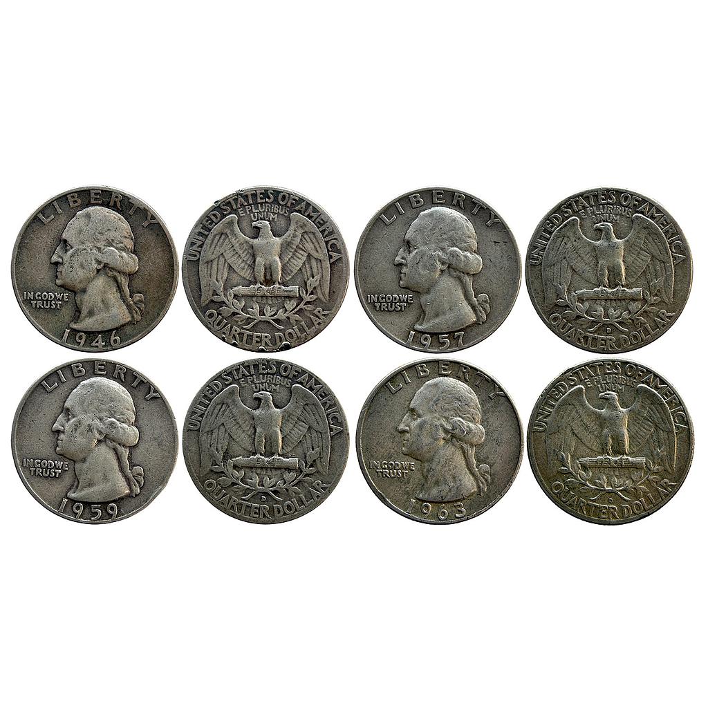United States of America Washington 1946 &amp; 1957 &amp; 1959 &amp; 1963 AD Silver Quarter Set of 4 Dollars Silver (.900) 1/4 Dollar = 25 Cents