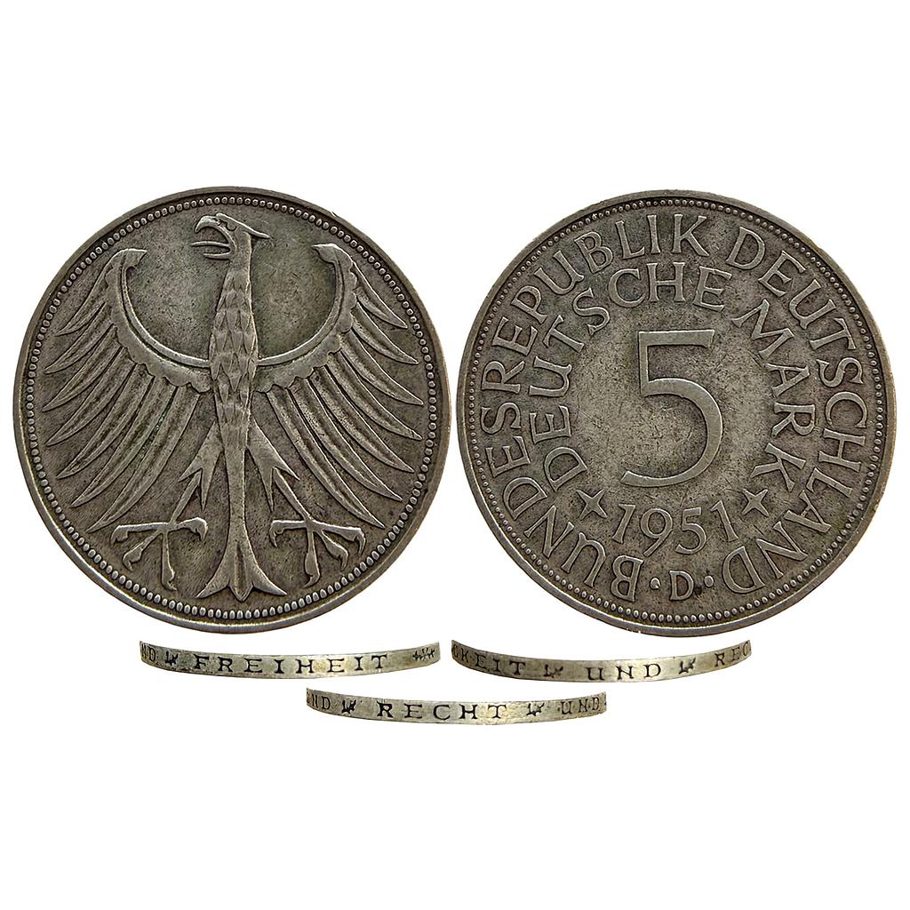 Federal Republic of Germany 1951 AD Munich Mint Silver (.625) (Copper .375) 5 Deutsche Mark