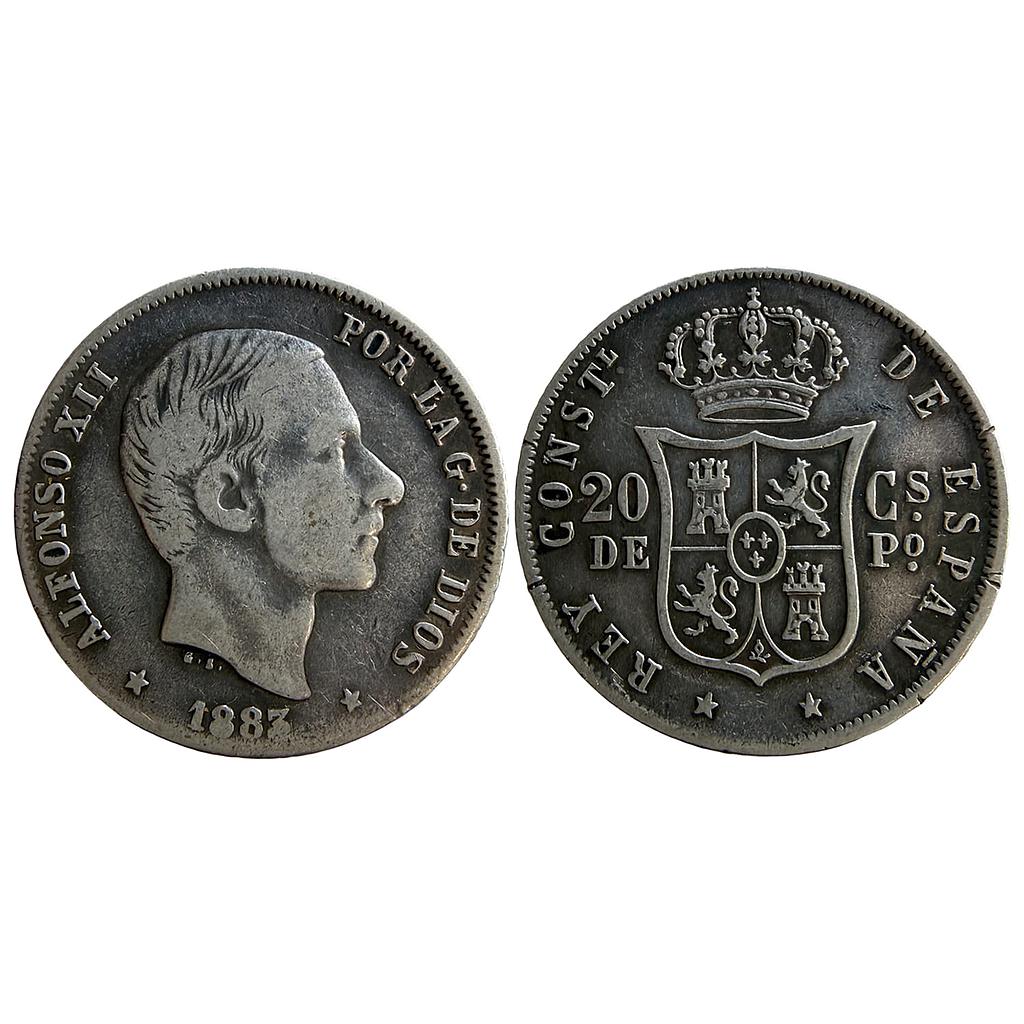 Philippines Alfonso XII 1883 AD Manila Mint Silver (.835) 20 Centavos (0.20)