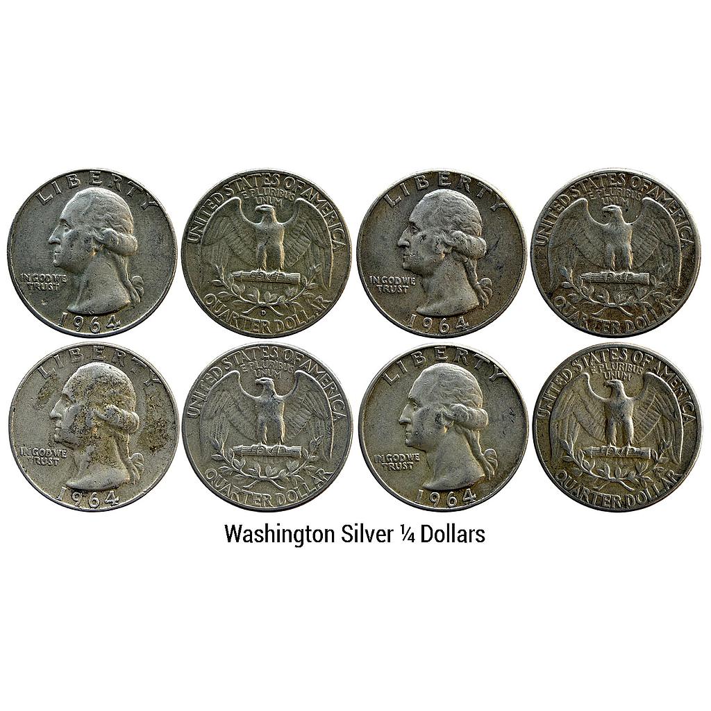 United States of America Washington 1964 AD Denver &amp; Philadelphia Mint Silver Quarter Set of 4 Dollars Silver (.900) 1/4 Dollar = 25 Cents