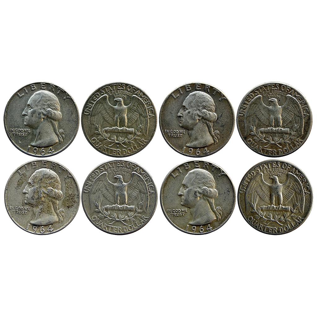 United States of America Washington 1964 AD Denver &amp; Philadelphia Mint Silver Quarter Set of 4 Dollars Silver (.900) 1/4 Dollar = 25 Cents