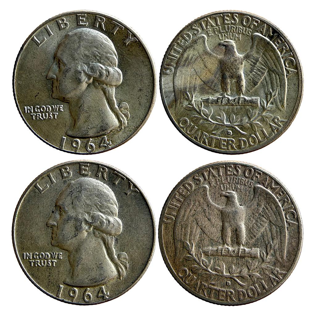 United States of America Washington 1964 AD Denver Mint Silver Quarter Set of 2 Dollars Silver (.900) 1/4 Dollar = 25 Cents