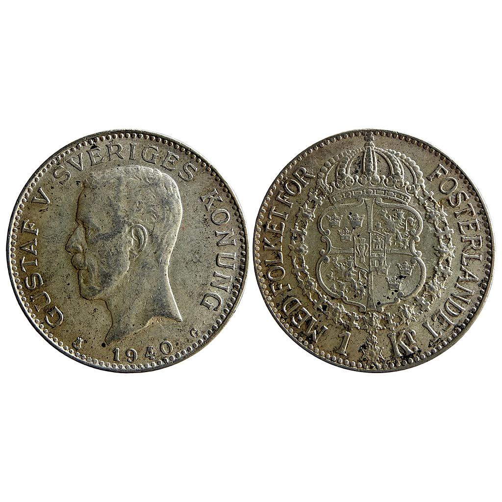 Sweden Gustaf V 1940 AD Kungliga Myntet Mint Silver (.800) 1 Krona (1 SEK)