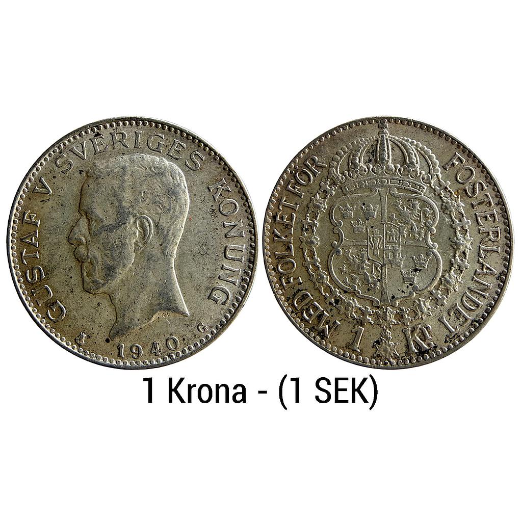 Sweden Gustaf V 1940 AD Kungliga Myntet Mint Silver (.800) 1 Krona (1 SEK)