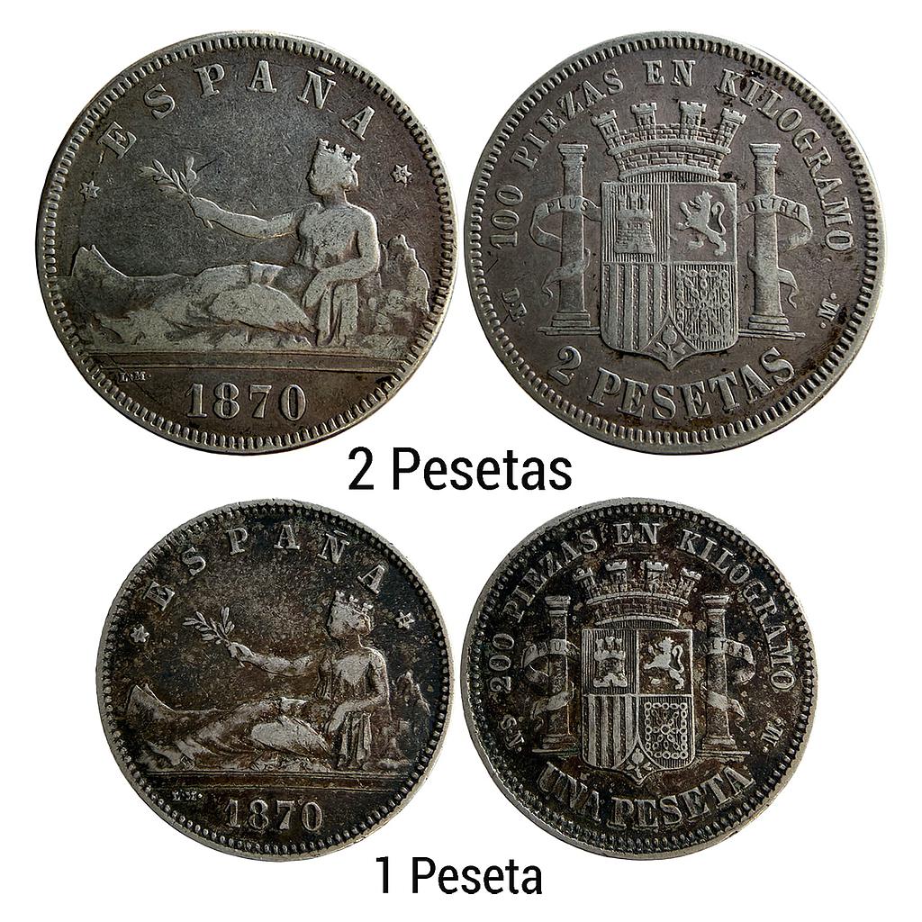Spain Provisional Government Set of 2 Pesetas 1870 AD Silver (.835) 2 Pesetas (2 ESP) &amp; 1 Peseta (1 ESP)