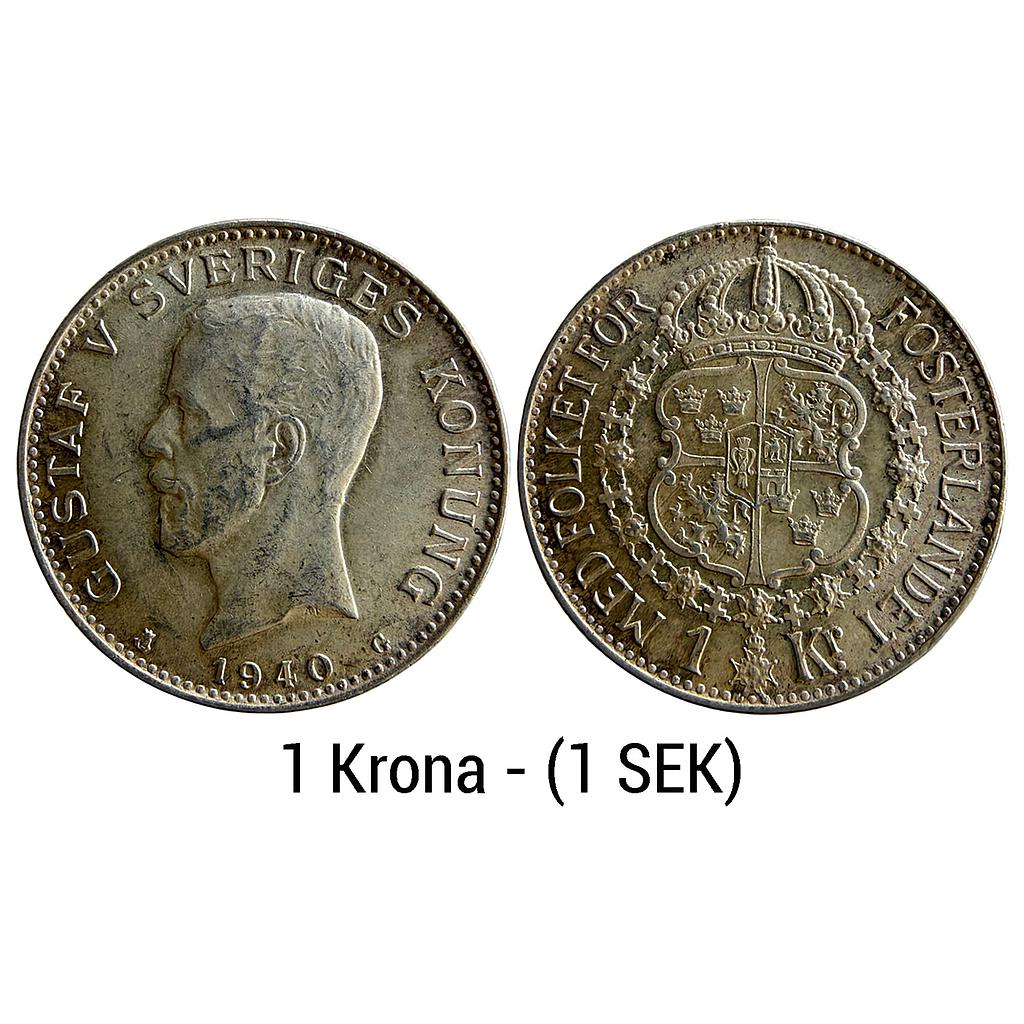 Sweden Gustaf V 1940 AD Kungliga Myntet Mint Silver (.800) 1 Krona (1 SEK)