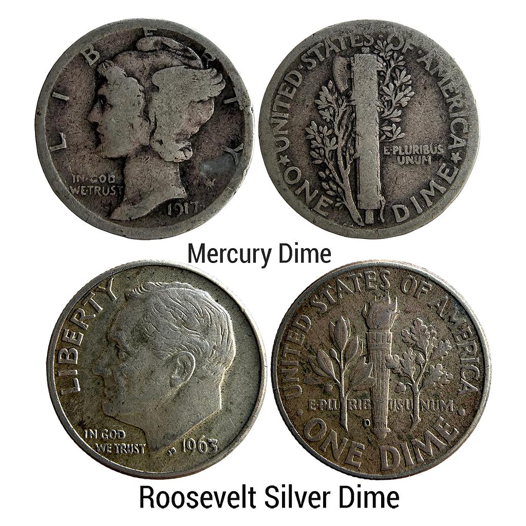 United States of America Set of 2 Mercury Dime 1917 AD Philadelphia Mint United States of America Roosevelt Denver Mint 1963 AD Silver (.900) 1 Dime = 10 Cents