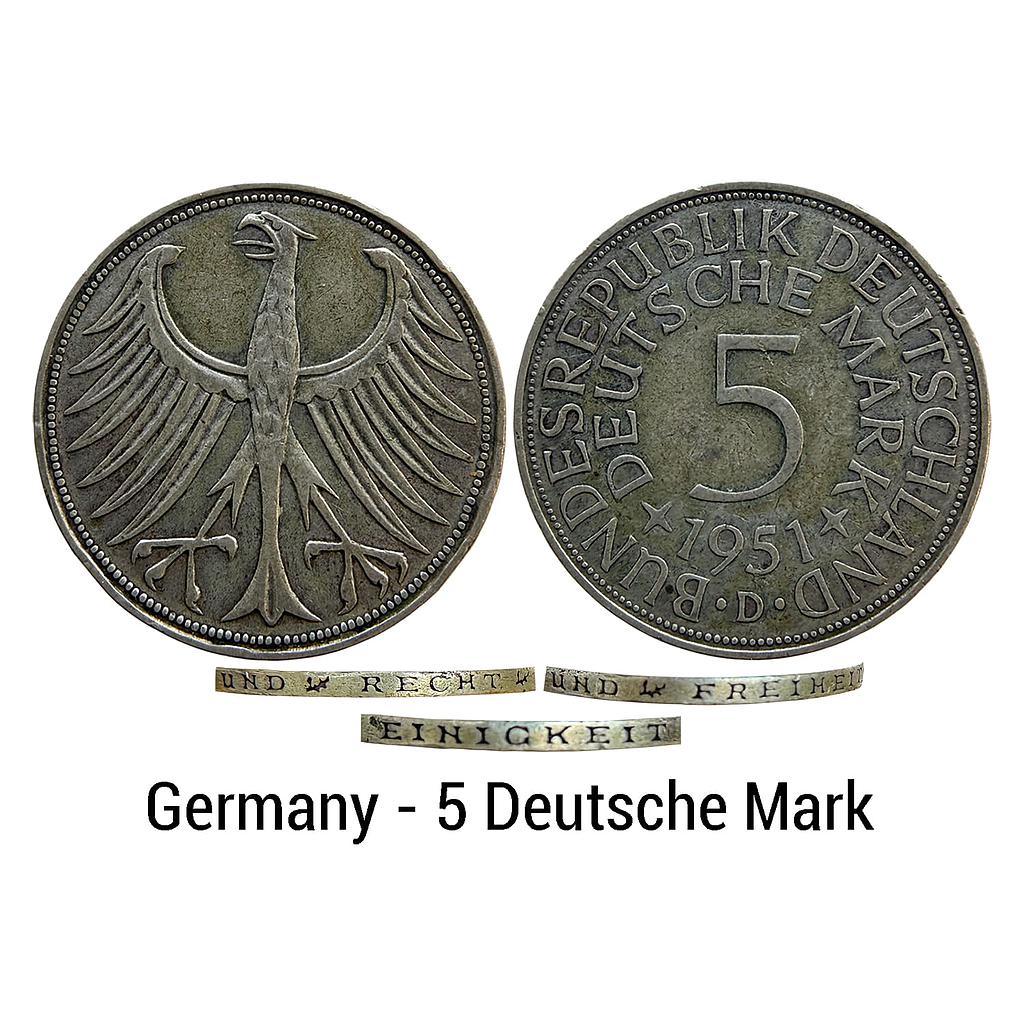 Federal Republic of Germany 1951 AD Munich Mint Silver (.625) (Copper .375) 5 Deutsche Mark