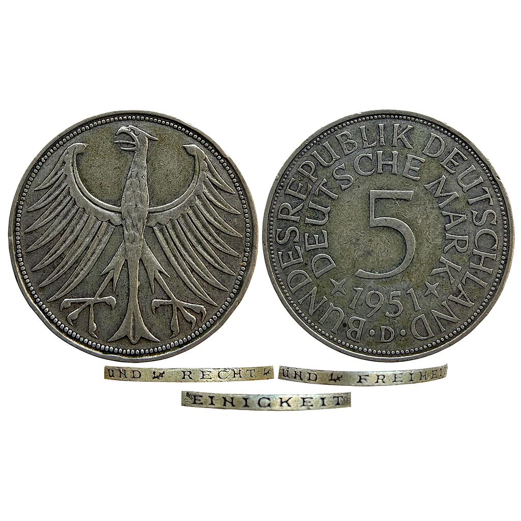 Federal Republic of Germany 1951 AD Munich Mint Silver (.625) (Copper .375) 5 Deutsche Mark
