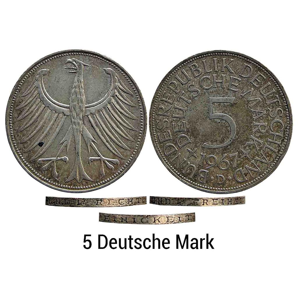 Federal Republic of Germany 1967 AD Munich Mint Silver (.625) (Copper .375) 5 Deutsche Mark