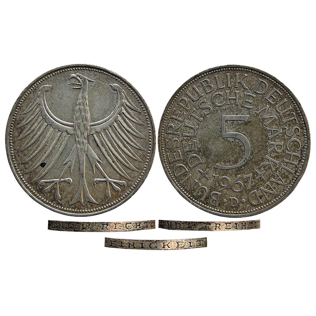 Federal Republic of Germany 1967 AD Munich Mint Silver (.625) (Copper .375) 5 Deutsche Mark